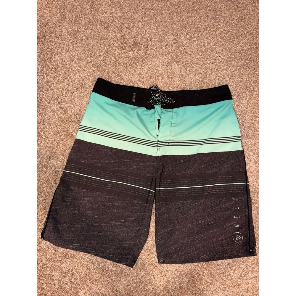 Veece Mens Board Shorts Size 36 Teal Charcoal Grey Striped Swim Trunks Surf